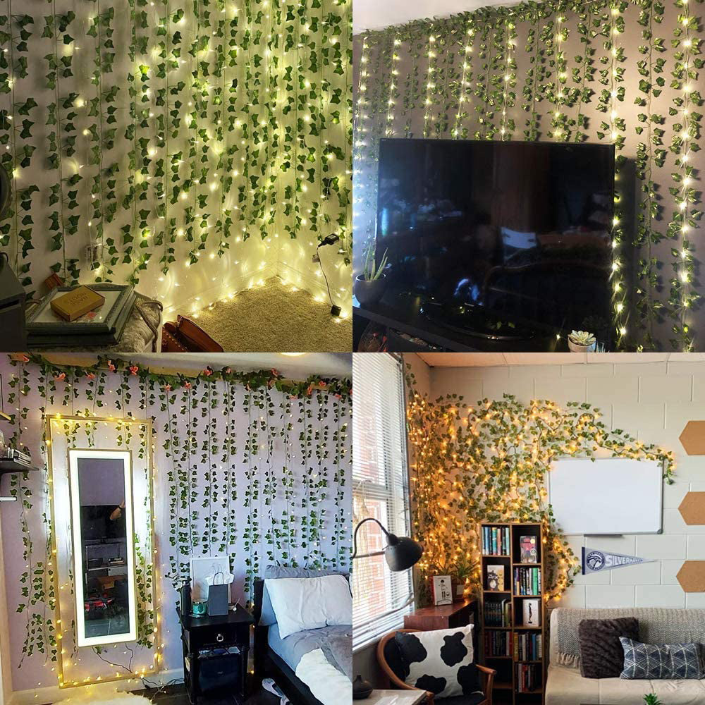 Boic Artificial Ivy Leaf Garland, 12 Strands 6.5 Ft Artificial Plant Vines Faux Fake Plants Garland for Wedding Party Table Garden Backdrop Arch Wall Decor with 100 LEDs Outdoor String Lights