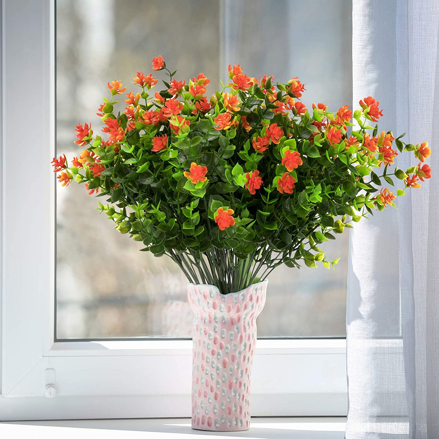 Boic Plastik Garten Blume, Kunstblumen Grün Plastik Sträucher UV-Beständige Kunstpflanzen für Balkon, Garten, Fenster, Hochzeit Party Dekor - 10 Bündel (Orange)