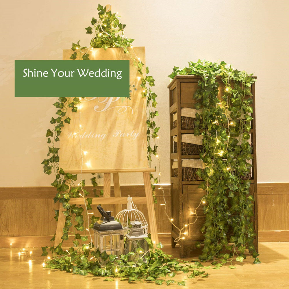 Boic Artificial Ivy Leaf Garland, 12 Strands 6.5 Ft Artificial Plant Vines Faux Fake Plants Garland for Wedding Party Table Garden Backdrop Arch Wall Decor with 100 LEDs Outdoor String Lights
