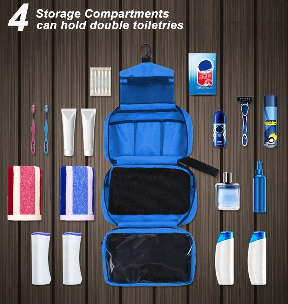 Boic Hanging Toiletries Bag, Travel Waterproof Wash Bag Shaving Cosmetic Kit Foldable Compact Size Super Durable Fabric with 4 Compartments - Blue