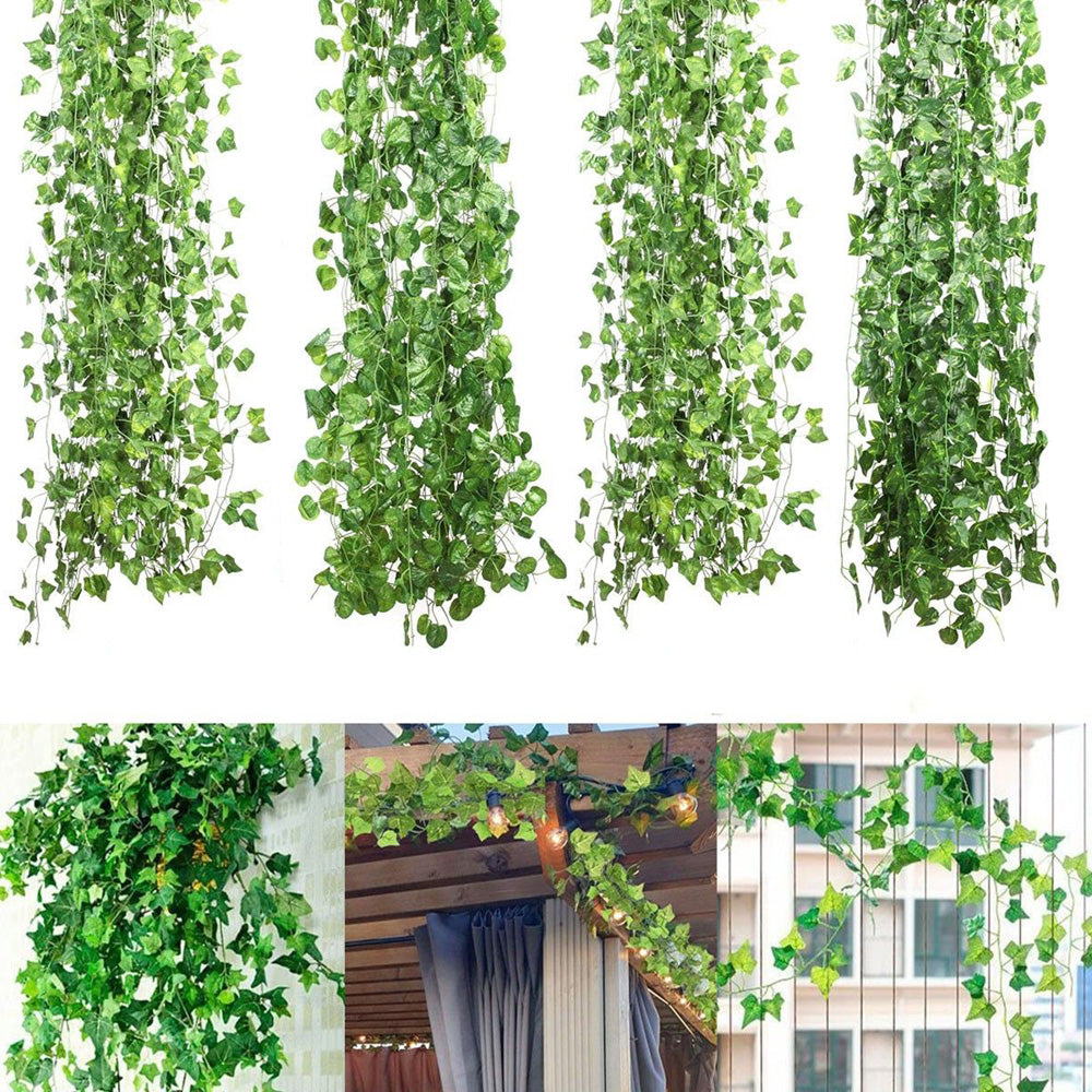 Boic Artificial Ivy Leaf Garland, 12 Strands 6.5 Ft Artificial Plant Vines Faux Fake Plants Garland for Wedding Party Table Garden Backdrop Arch Wall Decor with 100 LEDs Outdoor String Lights