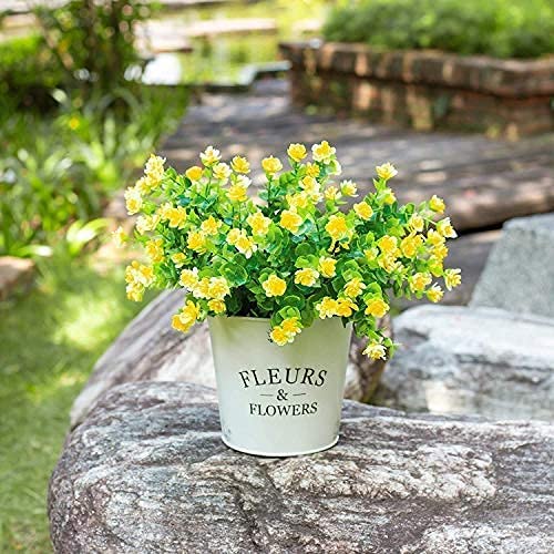 Boic Plastik Garten Blume, Kunstblumen Grün Plastik Sträucher UV-Beständige Kunstpflanzen für Balkon, Garten, Fenster, Hochzeit Party Dekor - 10 Bündel (Gelb)