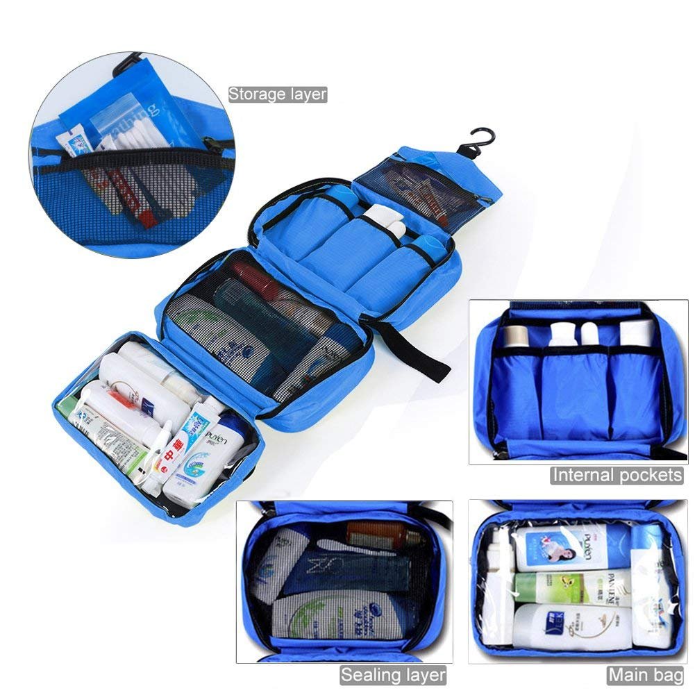 Boic Hanging Toiletries Bag, Travel Waterproof Wash Bag Shaving Cosmetic Kit Foldable Compact Size Super Durable Fabric with 4 Compartments - Blue