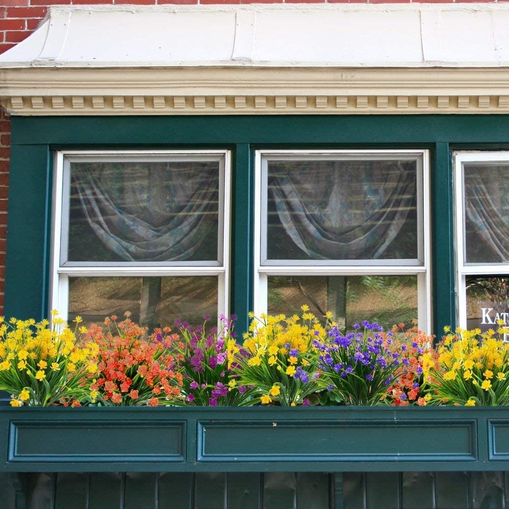 Boic Plastik Garten Blume, Kunstblumen Grün Plastik Sträucher UV-Beständige Kunstpflanzen für Balkon, Garten, Fenster, Hochzeit Party Dekor - 10 Bündel (Orange)