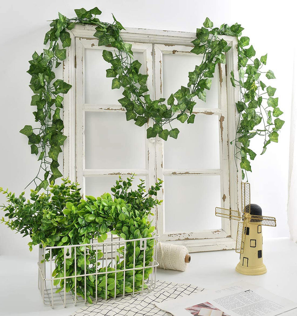 Boic Artificial Ivy Leaf Garland, 12 Strands 6.5 Ft Artificial Plant Vines Faux Fake Plants Garland for Wedding Party Table Garden Backdrop Arch Wall Decor with 100 LEDs Outdoor String Lights