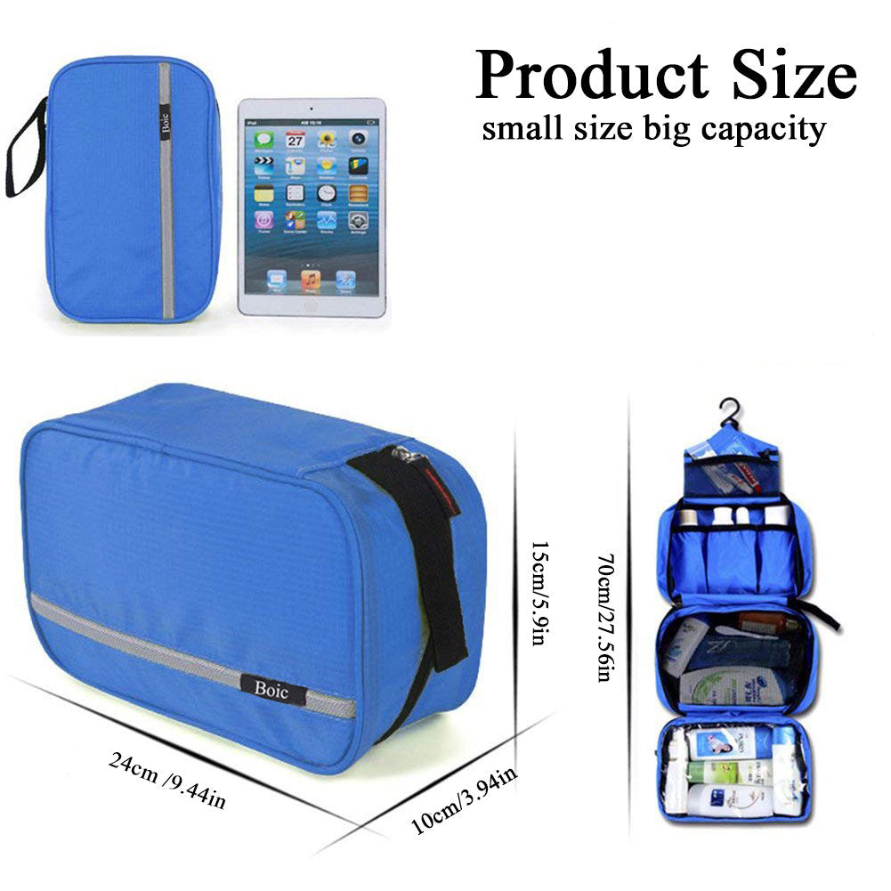 Boic Hanging Toiletries Bag, Travel Waterproof Wash Bag Shaving Cosmetic Kit Foldable Compact Size Super Durable Fabric with 4 Compartments - Blue