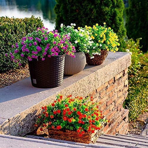 Boic Plastik Garten Blume, Kunstblumen Grün Plastik Sträucher UV-Beständige Kunstpflanzen für Balkon, Garten, Fenster, Hochzeit Party Dekor - 10 Bündel (Gelb)