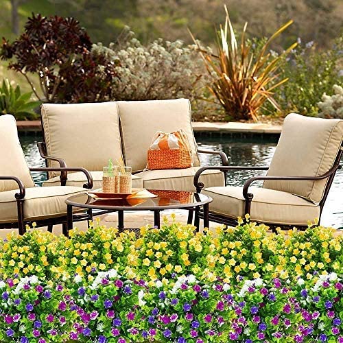 Boic Plastik Garten Blume, Kunstblumen Grün Plastik Sträucher UV-Beständige Kunstpflanzen für Balkon, Garten, Fenster, Hochzeit Party Dekor - 10 Bündel (Gelb)