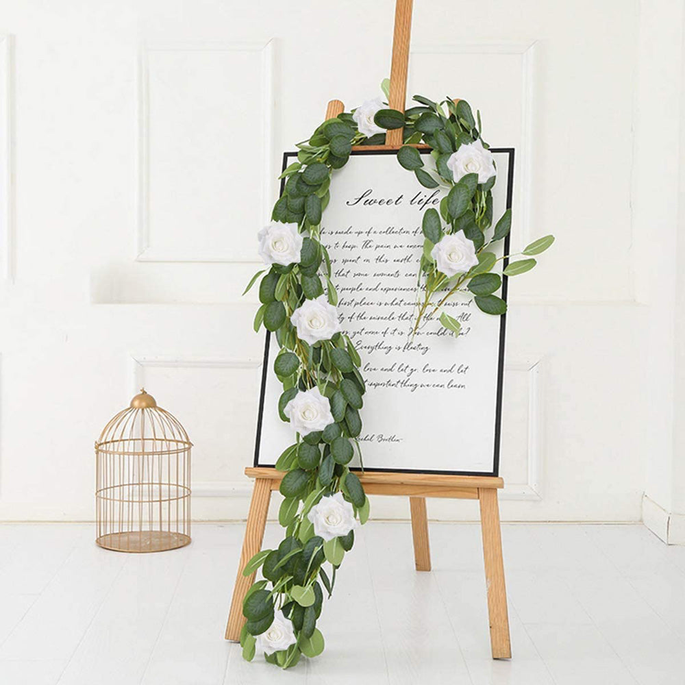 Boic Faux Plants Garland, 6.5FT Artificial Eucalyptus Willow Leaves Vine with Rose Artificial Flower Hanging Greenery Fake Plant Outdoor Indoor Wedding for Home Garden Party Wedding