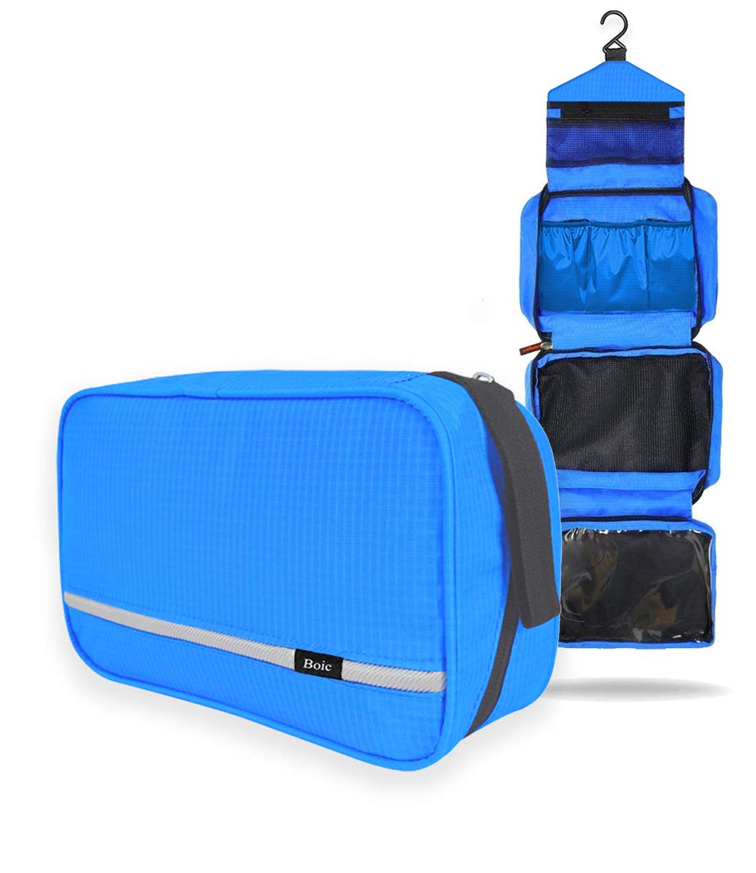 Boic Hanging Toiletries Bag, Travel Waterproof Wash Bag Shaving Cosmetic Kit Foldable Compact Size Super Durable Fabric with 4 Compartments - Blue