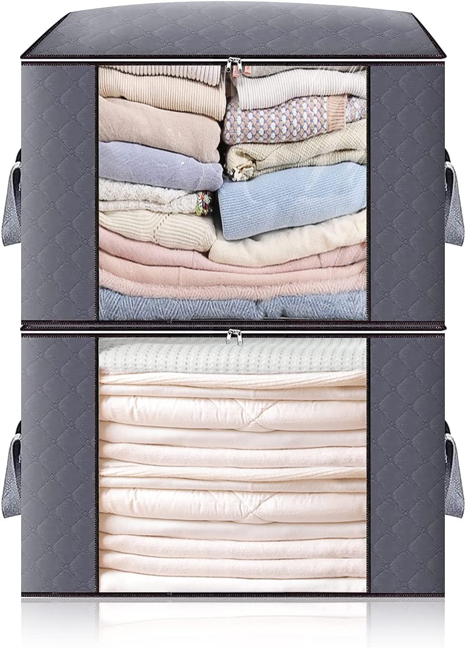 Boic 2 Pcs Duvet Storage Bag,84L Large Capacity Clothes Storage Bag Organizer with Reinforced Handle, Storage Bags with Zips, Anti-Mold&Moisture Proof Organizer Bags for Beddings- Grey