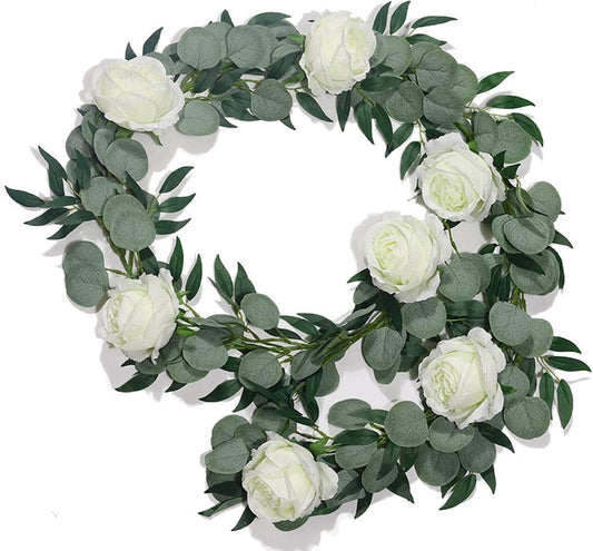 Boic Faux Plants Garland, 6.5FT Artificial Eucalyptus Willow Leaves Vine with Rose Artificial Flower Hanging Greenery Fake Plant Outdoor Indoor Wedding for Home Garden Party Wedding