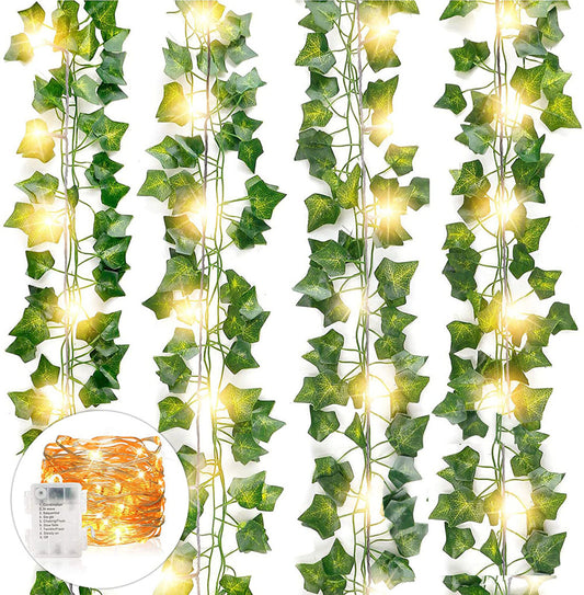 Boic Artificial Ivy Leaf Garland, 12 Strands 6.5 Ft Artificial Plant Vines Faux Fake Plants Garland for Wedding Party Table Garden Backdrop Arch Wall Decor with 100 LEDs Outdoor String Lights