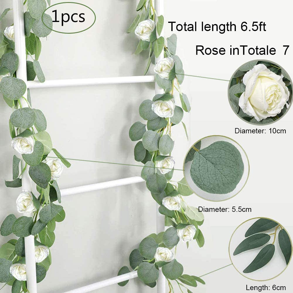 Boic Faux Plants Garland, 6.5FT Artificial Eucalyptus Willow Leaves Vine with Rose Artificial Flower Hanging Greenery Fake Plant Outdoor Indoor Wedding for Home Garden Party Wedding