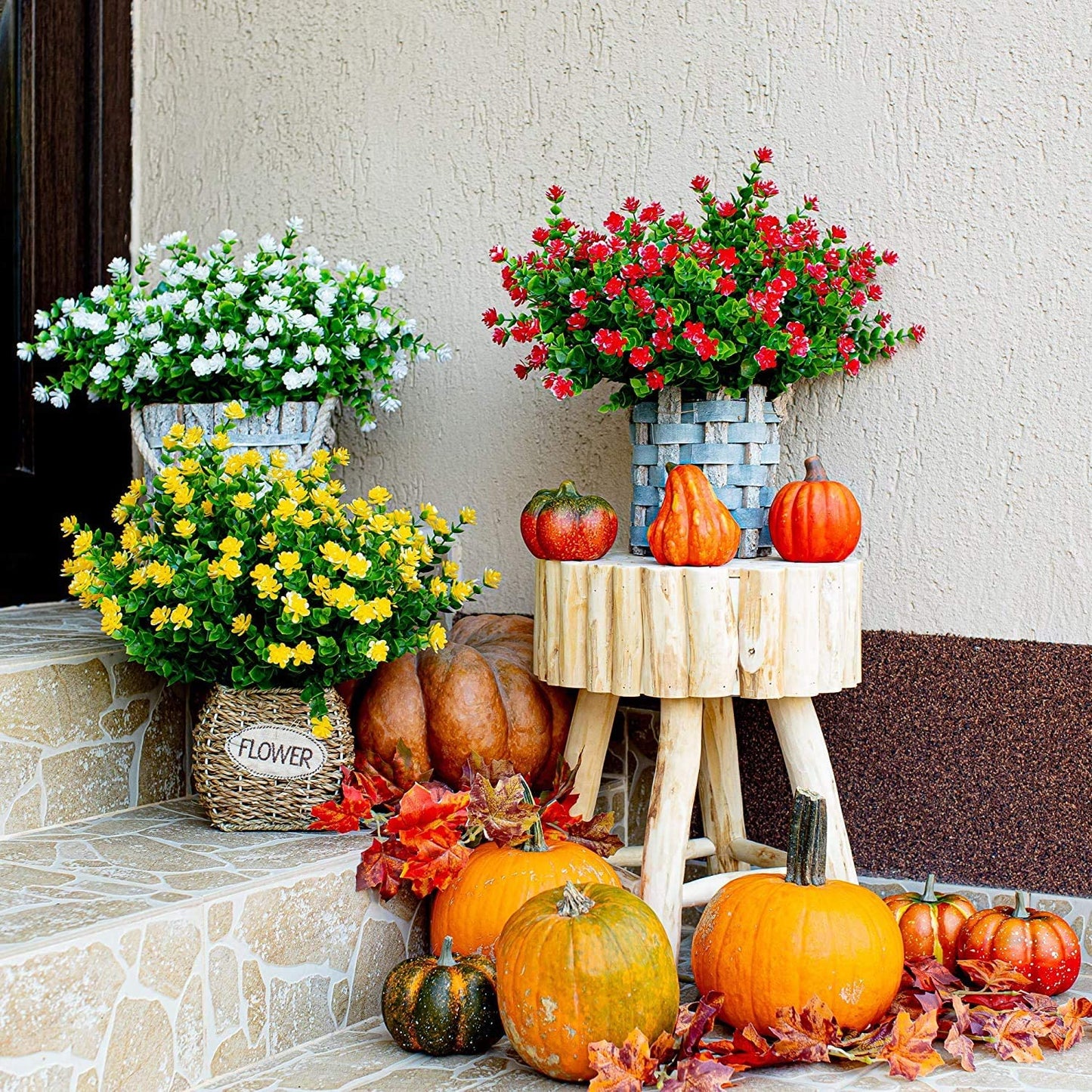 Boic Plastik Garten Blume, Kunstblumen Grün Plastik Sträucher UV-Beständige Kunstpflanzen für Balkon, Garten, Fenster, Hochzeit Party Dekor - 10 Bündel (Weiß)