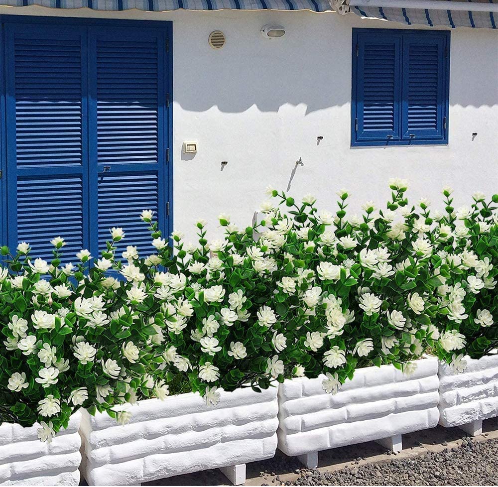 Boic Plastik Garten Blume, Kunstblumen Grün Plastik Sträucher UV-Beständige Kunstpflanzen für Balkon, Garten, Fenster, Hochzeit Party Dekor - 10 Bündel (Weiß)