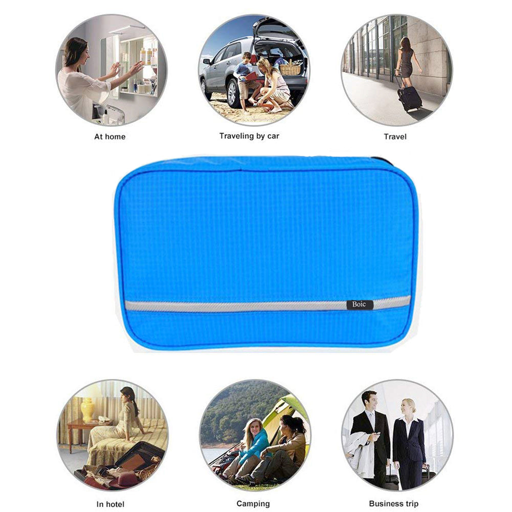 Boic Hanging Toiletries Bag, Travel Waterproof Wash Bag Shaving Cosmetic Kit Foldable Compact Size Super Durable Fabric with 4 Compartments - Blue